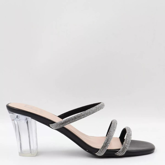 Mules με λουράκια από στρας & διάφανο τακούνι L8407