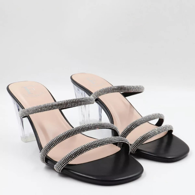 Mules με λουράκια από στρας & διάφανο τακούνι L8407