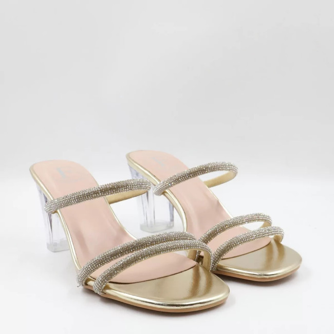 Mules με λουράκια από στρας & διάφανο τακούνι L8407