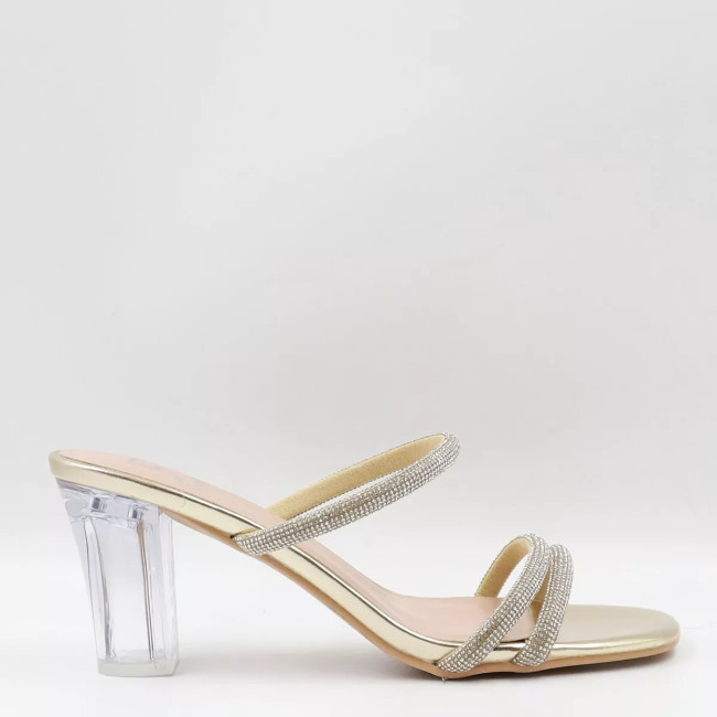 Mules με λουράκια από στρας & διάφανο τακούνι L8407