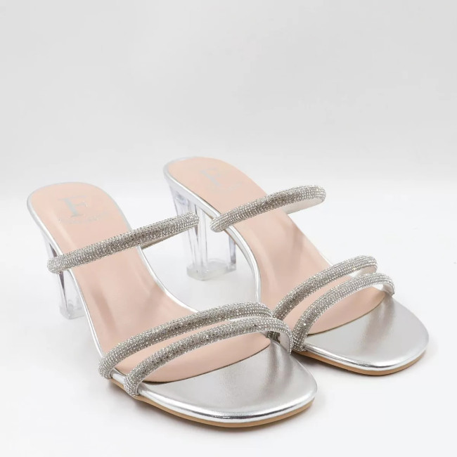 Mules με λουράκια από στρας & διάφανο τακούνι L8407