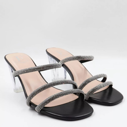 Mules με λουράκια από στρας & διάφανο τακούνι L8407